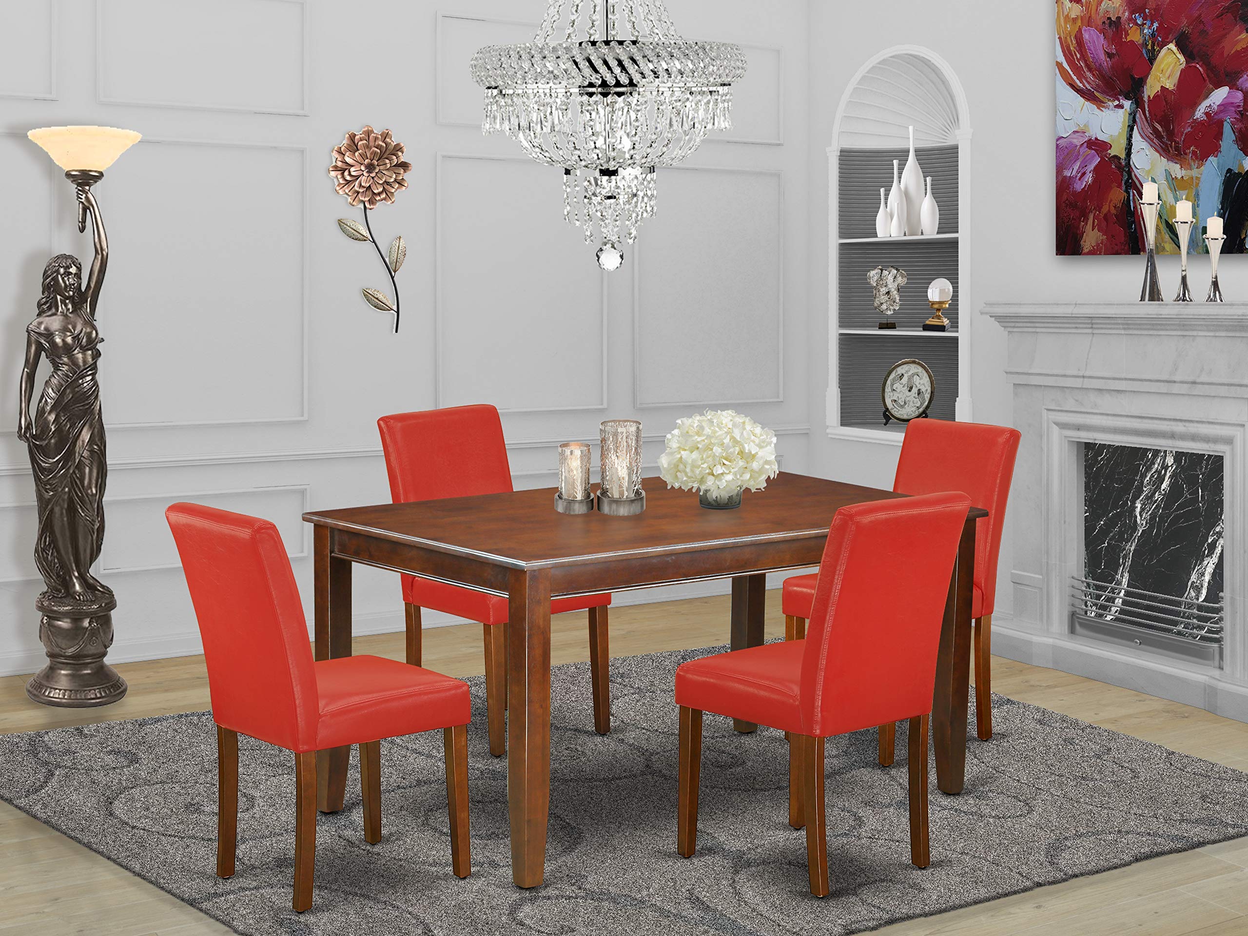 East West Furniture Duab5-Mah-72 Dudley 5 Piece Dinette Set For 4 Includes A Rectangle Table And 4 Firebrick Red Faux Leather Parson Dining Room Chairs, 36X60 Inch